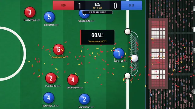 A bot scores: the GOAL! banner names it as confetti flies around the net.