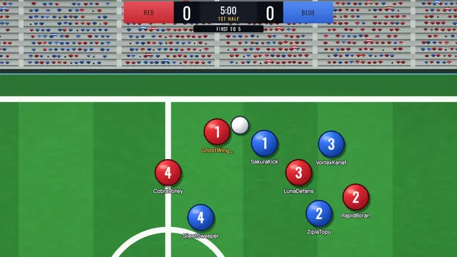 A daytime match near the halfway line, in front of stands packed with red and blue fans.