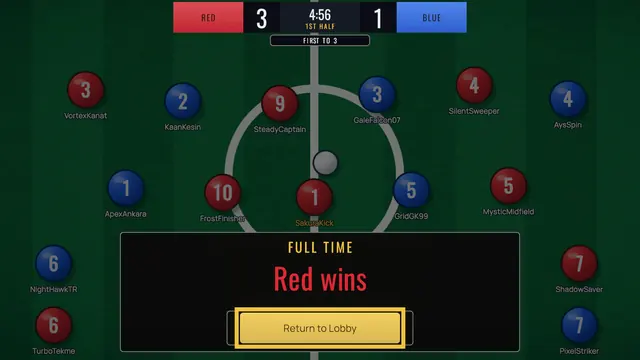 Full time: the result banner announces the winner, with a button back to the lobby.