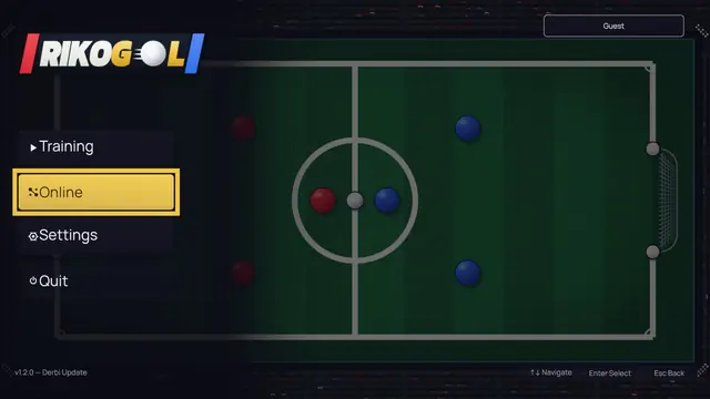 The main menu, with Training, Online and Settings over a live pitch.